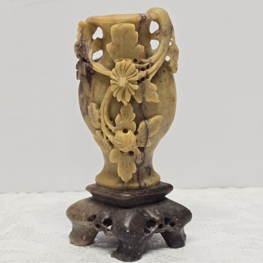 Vintage 1950 Chinese Hand Carved Soapstone Vase with Base Flowers and Leaves